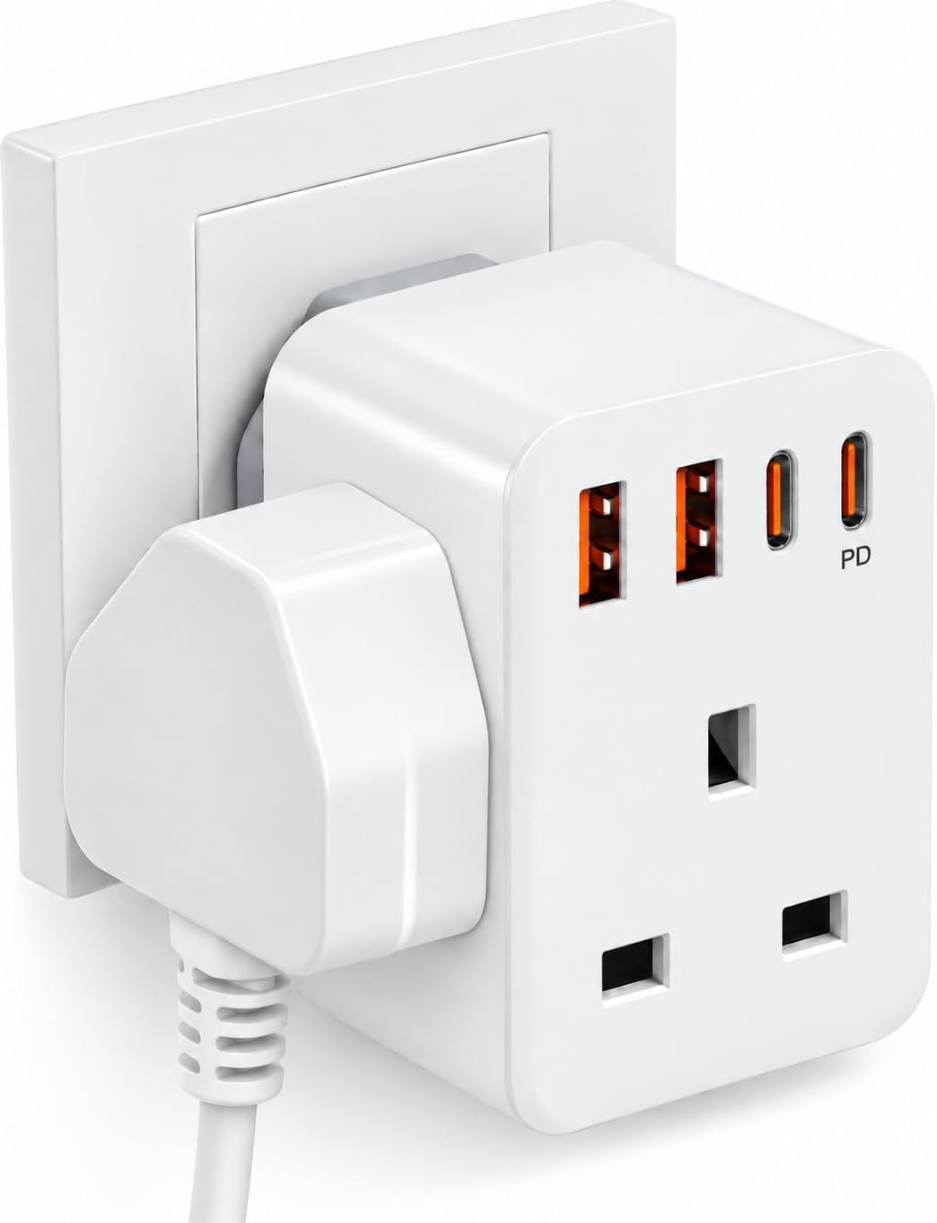 LuminaOne Pro 3-way plug adapter with USB-C and USB-A ports in a wall socket
