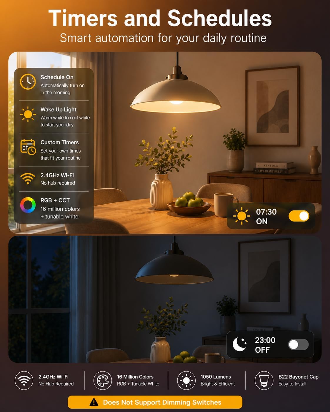 Dining room glowing under a warm pendant light fitted with a LuminaOne Pro smart bulb