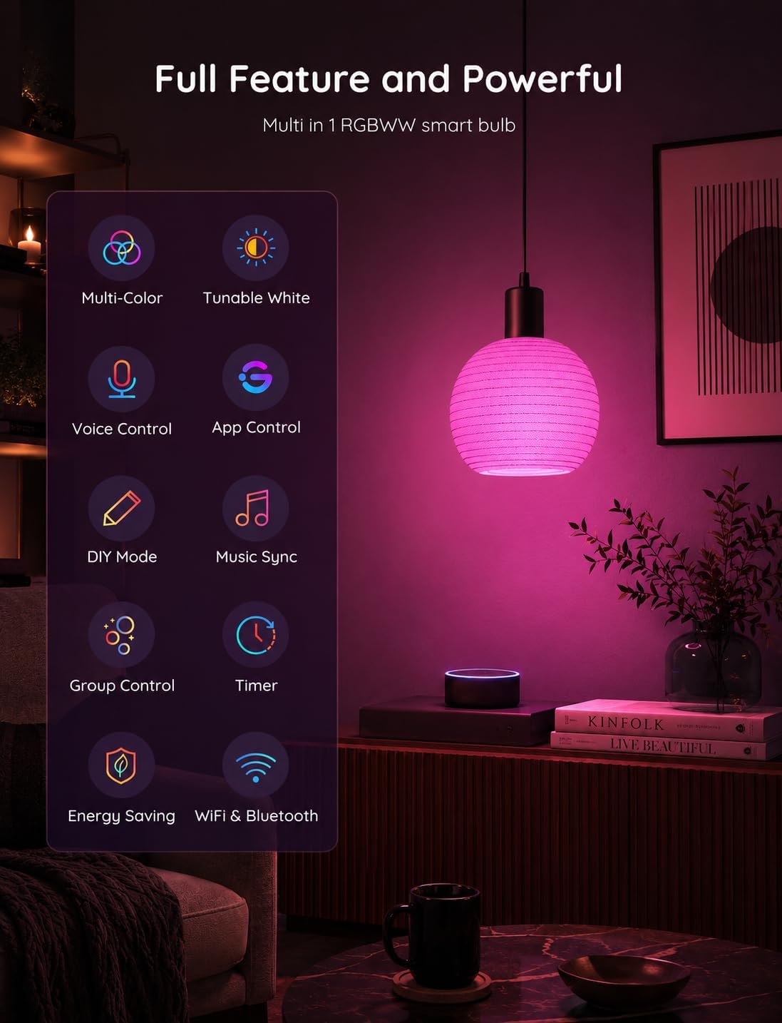 Living room washed in pink light from a LuminaOne Pro smart bulb