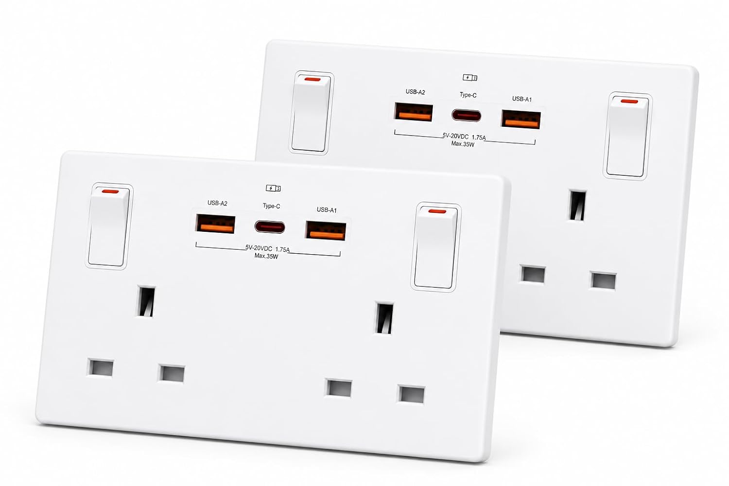 Two white LuminaOne Pro screwless USB double sockets