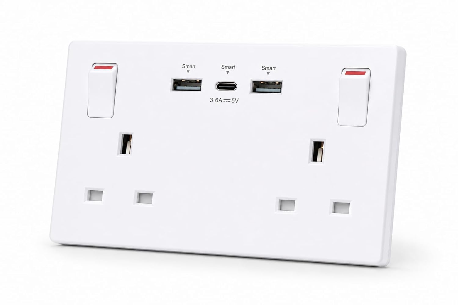 Screwless white USB double socket, front view